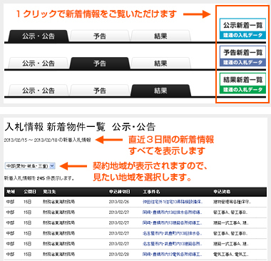 入札情報・新着一覧機能
